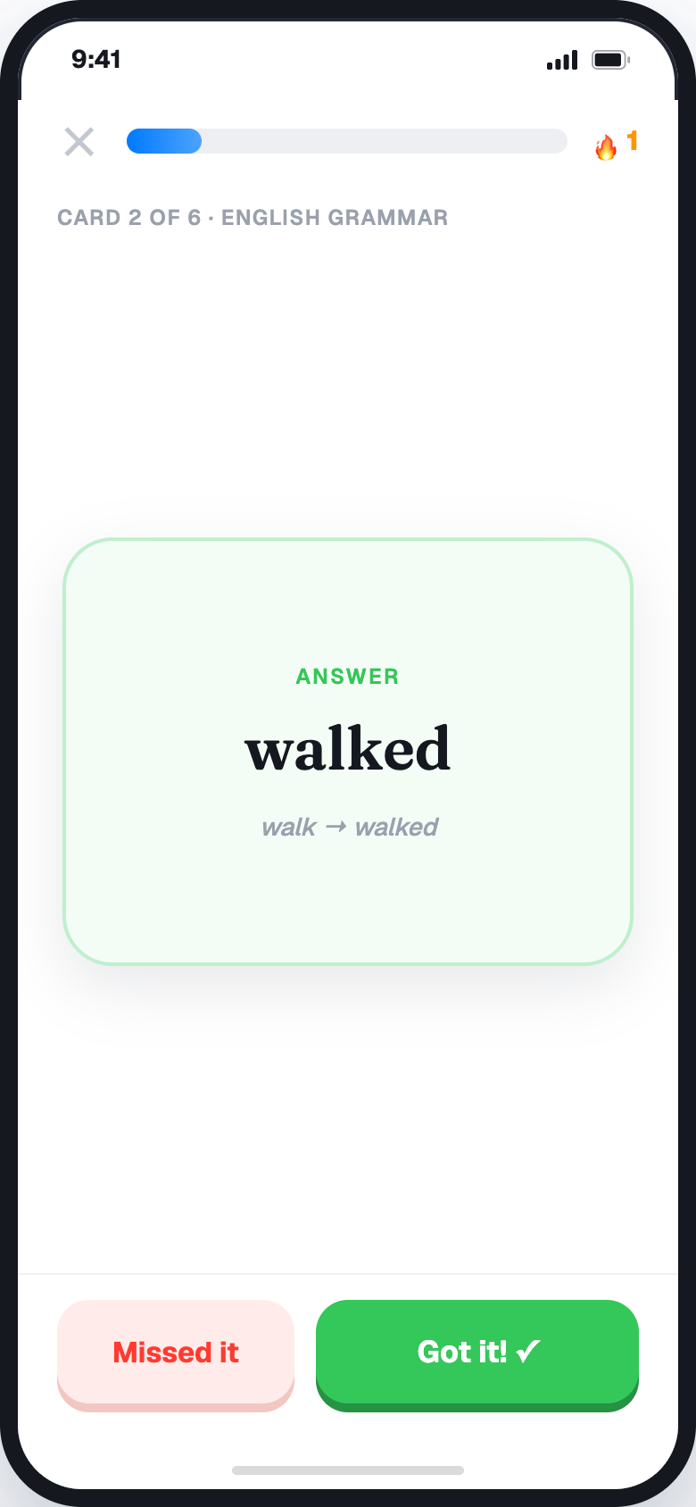 Student studying a flashcard with the answer revealed