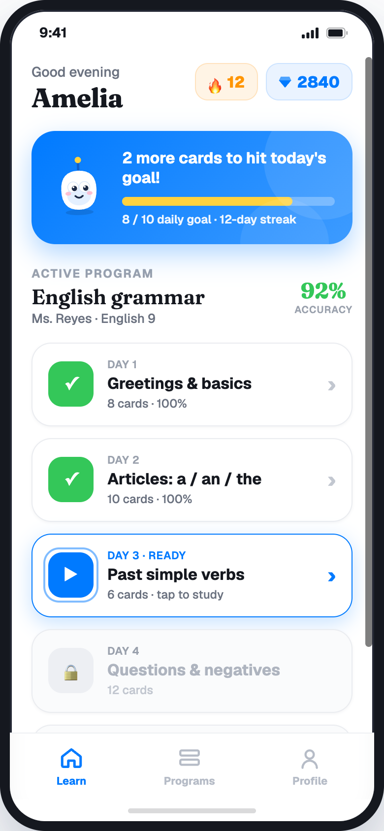 DeckHive student home screen showing streak, daily goal and program days