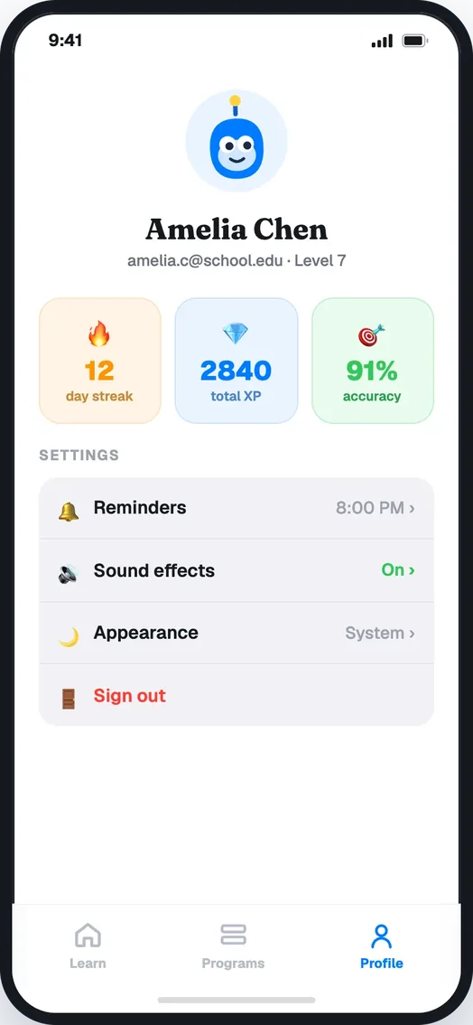 Student profile showing 12-day streak, 2840 XP and 91% accuracy