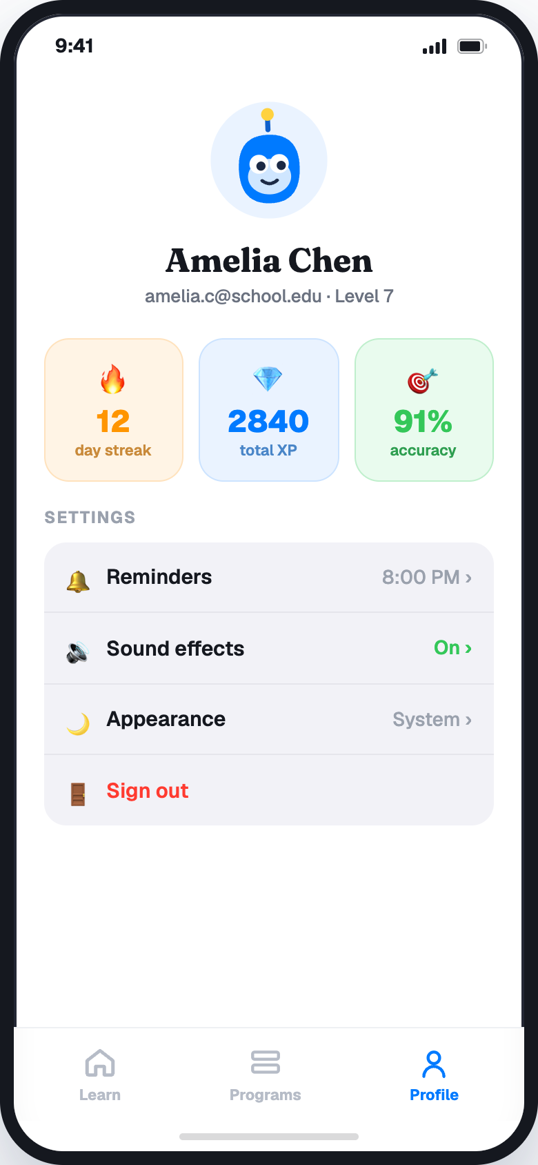 Student profile showing 12-day streak, 2840 XP and 91% accuracy