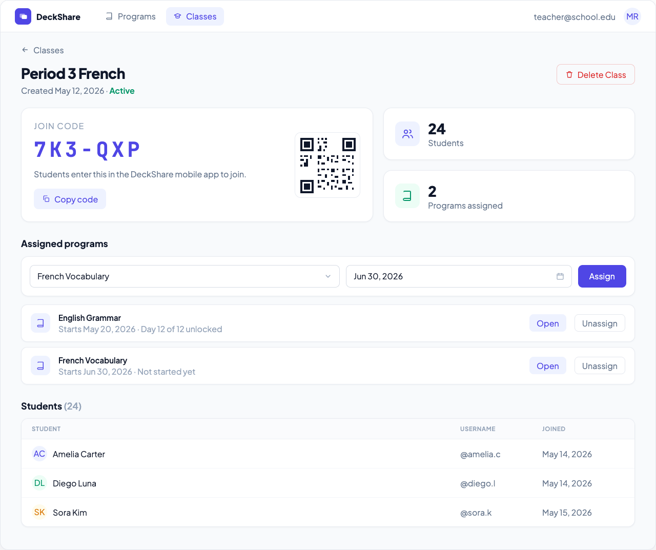 Class detail with join code and student roster