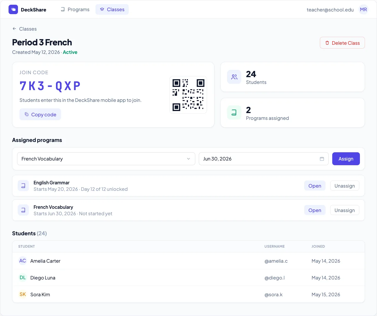 Class detail with join code and student roster